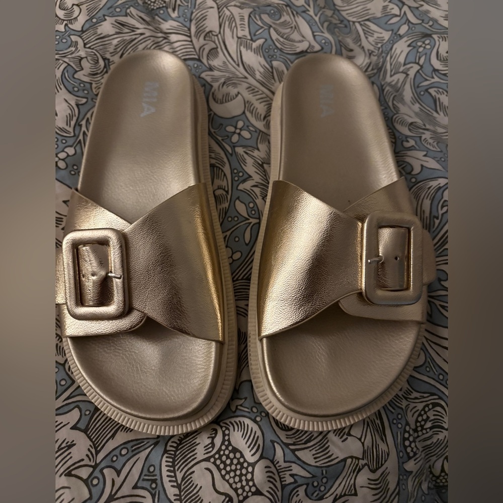 MIA Metallic Gold Buckle Slide Sandals